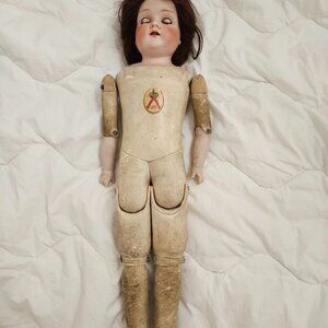 RARE ANTIQUE ORIGINAL 21" KESTNER GERMAN DOLL W/ BISQUE HEAD, ARMS, LEATHER BODY